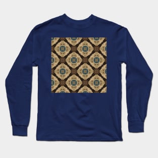 brown on beige medallion pattern with blue center Long Sleeve T-Shirt